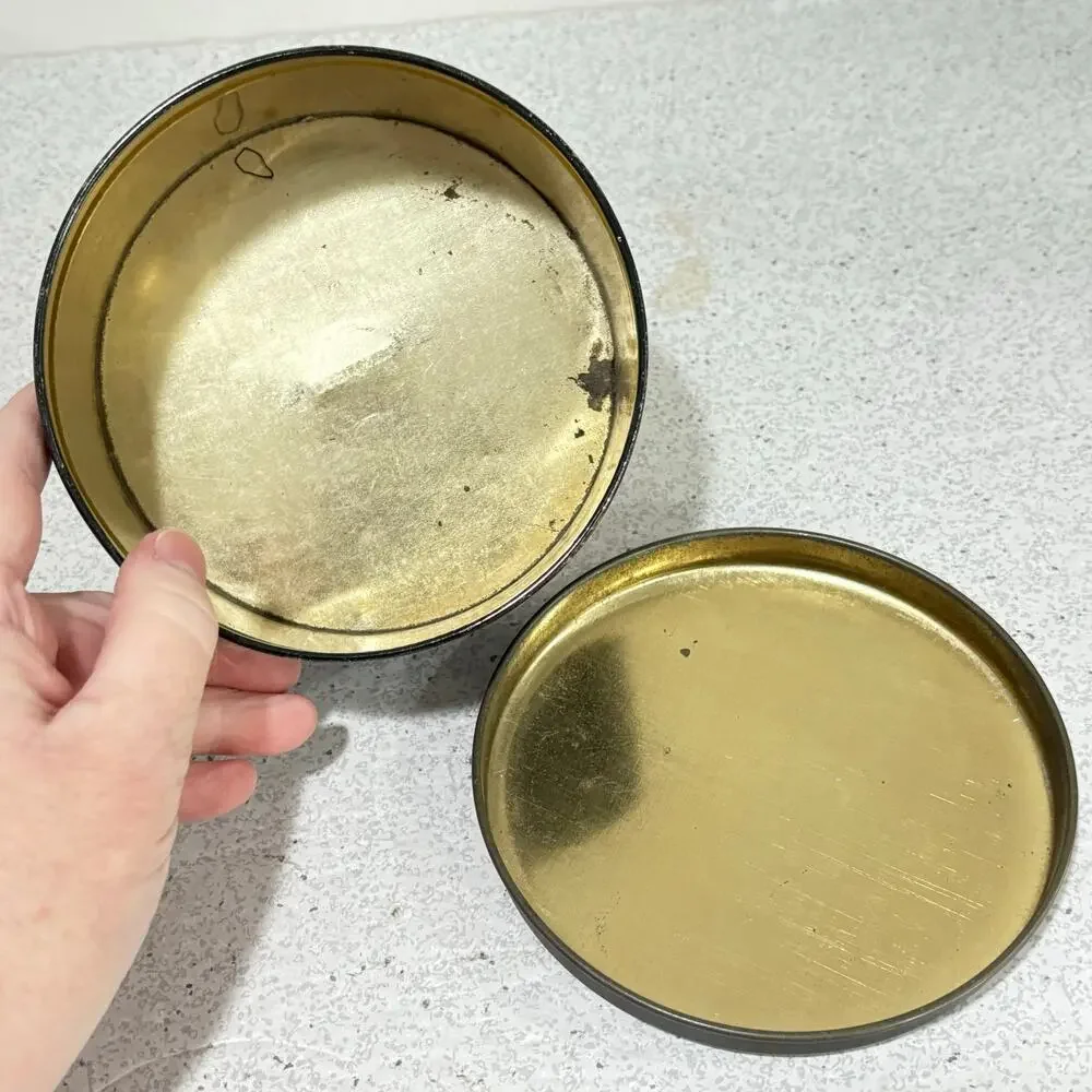 Vintage candy cookie biscuit tin black & gold peacock motif Art Deco storage